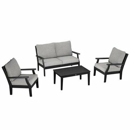 POLYWOOD Braxton Black / Grey Mist 4-Piece Deep Patio Set with Chairs Settee and Newport Table 633PWS4BL459